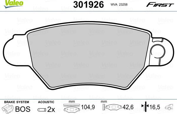 Valeo 301926 - Тормозные колодки, дисковые, комплект www.autospares.lv