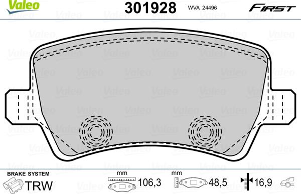 Valeo 301928 - Тормозные колодки, дисковые, комплект www.autospares.lv