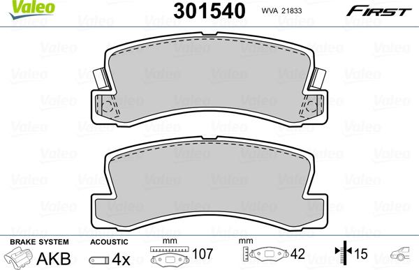 Valeo 301540 - Тормозные колодки, дисковые, комплект www.autospares.lv