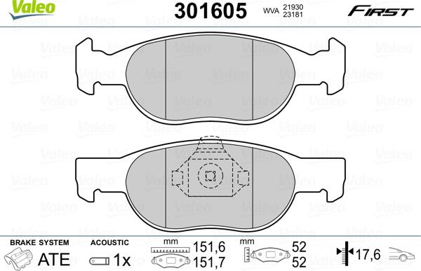 Valeo 301605 - Brake Pad Set, disc brake www.autospares.lv