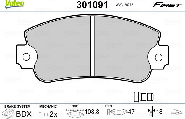 Valeo 301091 - Brake Pad Set, disc brake www.autospares.lv