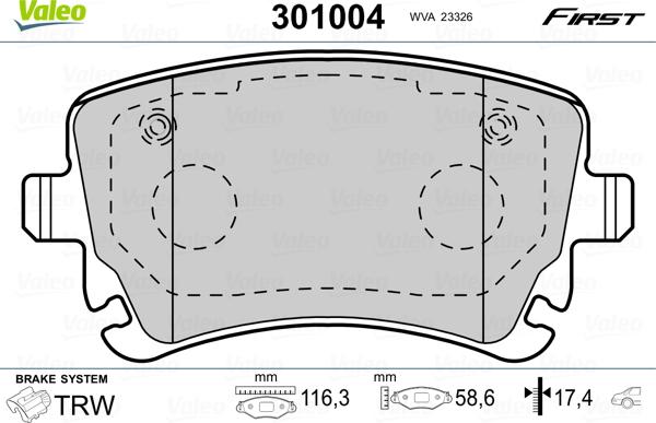 Valeo 301004 - Brake Pad Set, disc brake www.autospares.lv