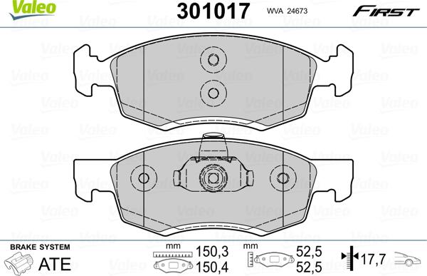 Valeo 301017 - Тормозные колодки, дисковые, комплект www.autospares.lv