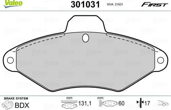 Valeo 301031 - Тормозные колодки, дисковые, комплект www.autospares.lv