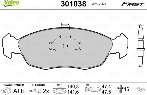 Valeo 301038 - Brake Pad Set, disc brake www.autospares.lv