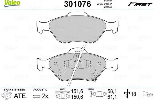 Valeo 301076 - Brake Pad Set, disc brake www.autospares.lv