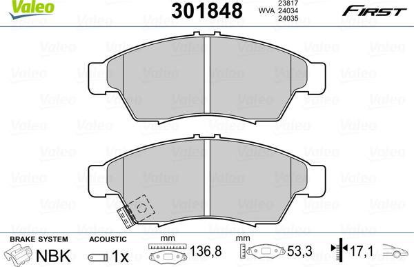 Valeo 301848 - Тормозные колодки, дисковые, комплект www.autospares.lv