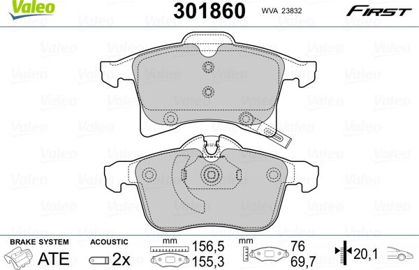 Valeo 301860 - Тормозные колодки, дисковые, комплект www.autospares.lv