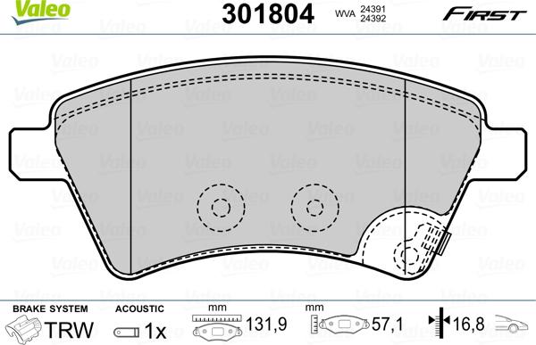 Valeo 301804 - Тормозные колодки, дисковые, комплект www.autospares.lv