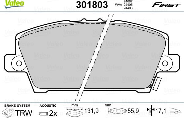 Valeo 301803 - Brake Pad Set, disc brake www.autospares.lv