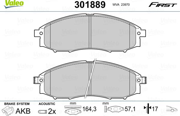 Valeo 301889 - Bremžu uzliku kompl., Disku bremzes www.autospares.lv