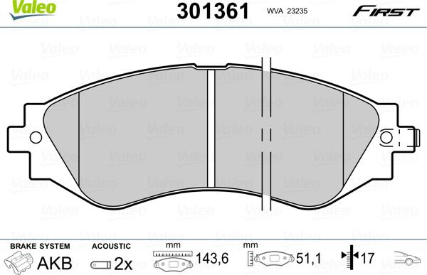 Valeo 301361 - Bremžu uzliku kompl., Disku bremzes www.autospares.lv