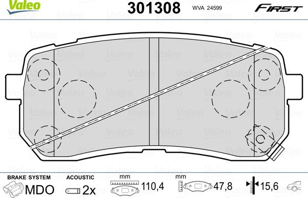 Valeo 301308 - Тормозные колодки, дисковые, комплект www.autospares.lv