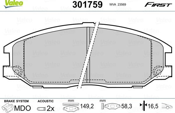 Valeo 301759 - Brake Pad Set, disc brake www.autospares.lv