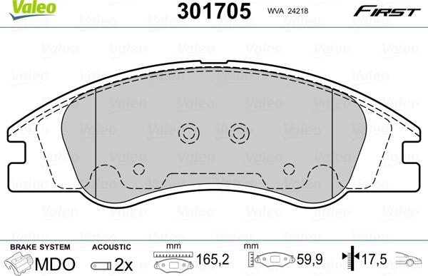 Valeo 301705 - Тормозные колодки, дисковые, комплект www.autospares.lv