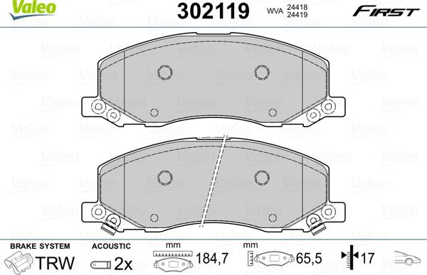 Valeo 302119 - Bremžu uzliku kompl., Disku bremzes www.autospares.lv