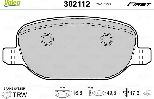 Valeo 302112 - Тормозные колодки, дисковые, комплект www.autospares.lv