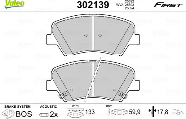 Valeo 302139 - Bremžu uzliku kompl., Disku bremzes www.autospares.lv