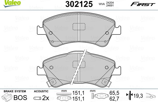 Valeo 302125 - Bremžu uzliku kompl., Disku bremzes www.autospares.lv