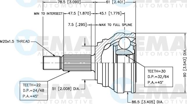 VEMA 18234 - Шарнирный комплект, ШРУС, приводной вал www.autospares.lv