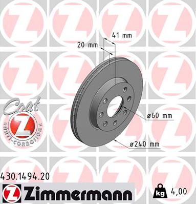 Zimmermann 430.1494.20 - Bremžu diski autospares.lv