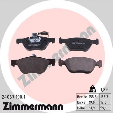 Zimmermann 24067.190.1 - Тормозные колодки, дисковые, комплект www.autospares.lv