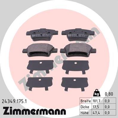 Zimmermann 24349.175.1 - Тормозные колодки, дисковые, комплект www.autospares.lv