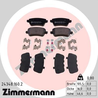 Zimmermann 24348.160.2 - Тормозные колодки, дисковые, комплект www.autospares.lv