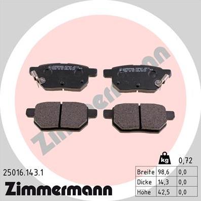 Zimmermann 25016.143.1 - Тормозные колодки, дисковые, комплект www.autospares.lv