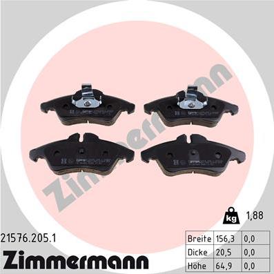 Zimmermann 21576.205.1 - Тормозные колодки, дисковые, комплект www.autospares.lv