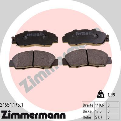 Zimmermann 21651.175.1 - Тормозные колодки, дисковые, комплект www.autospares.lv