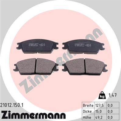 Zimmermann 21012.150.1 - Тормозные колодки, дисковые, комплект www.autospares.lv