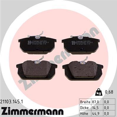 Zimmermann 21103.145.1 - Тормозные колодки, дисковые, комплект www.autospares.lv