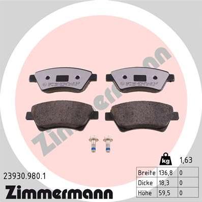 Zimmermann 23930.980.1 - Тормозные колодки, дисковые, комплект www.autospares.lv