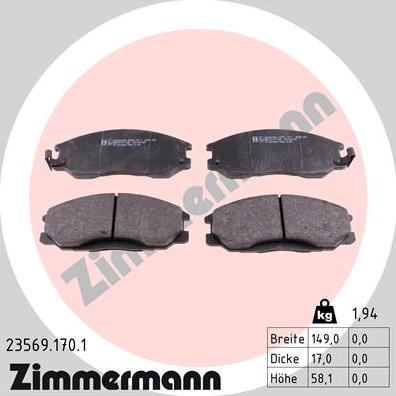 Zimmermann 23569.170.1 - Тормозные колодки, дисковые, комплект www.autospares.lv