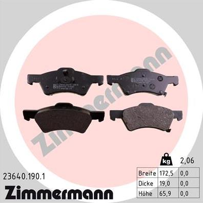 Zimmermann 23640.190.1 - Тормозные колодки, дисковые, комплект www.autospares.lv