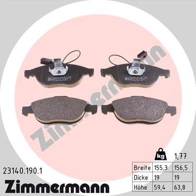 Zimmermann 23140.190.1 - Тормозные колодки, дисковые, комплект www.autospares.lv