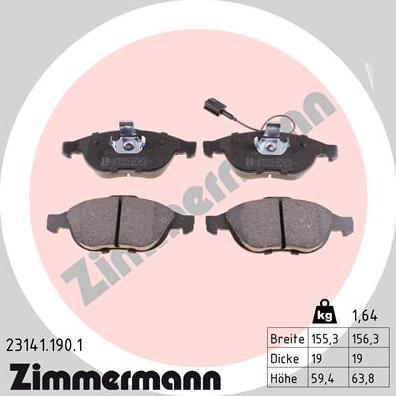 Zimmermann 23141.190.1 - Тормозные колодки, дисковые, комплект www.autospares.lv