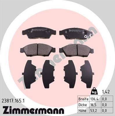 Zimmermann 23817.165.1 - Тормозные колодки, дисковые, комплект www.autospares.lv