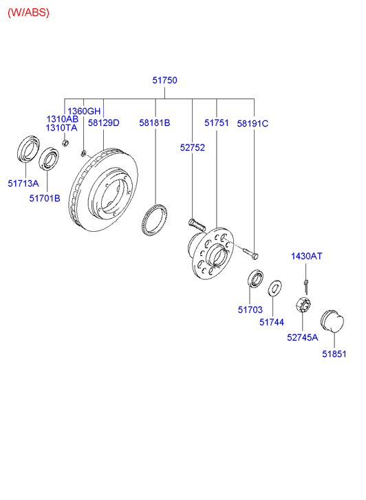 Hyundai 5170144030 - Wheel hub, bearing Kit www.autospares.lv