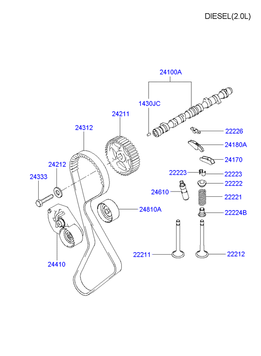 KIA 24410-23-500 - Spriegotājrullītis, Gāzu sadales mehānisma piedziņas siksna www.autospares.lv